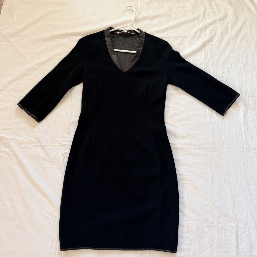 Veronica Beard Black Zip-Front Mini Dress Brown Leather-Trim Wool-Blend Size 1